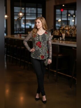 Vintage Nygard Collection  V-Neck Mixed Floral Print Mesh Sleeve Blouse